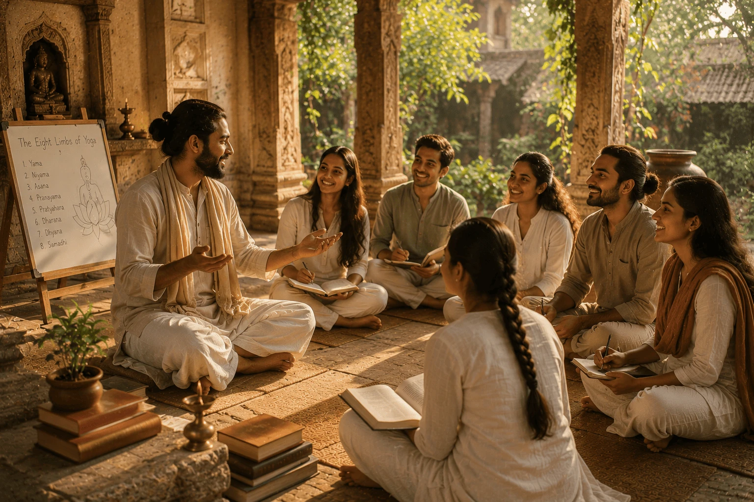 A yoga teacher leading a class through the eight limbs of yoga on a sunlit temple veranda