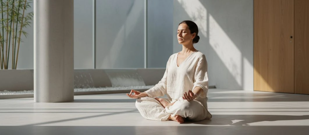 A teacher seated in meditation in a bright studio