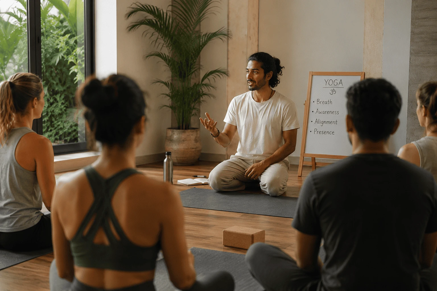 A teacher sitting cross-legged, talking to a small class gathered on their mats