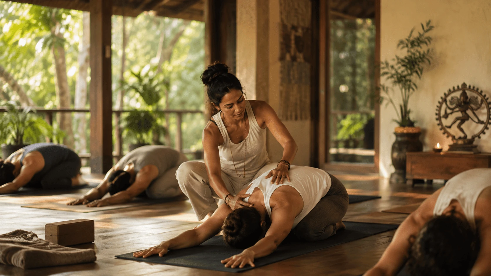 A yoga teacher adjusting a student in child's pose during a class in an open-air studio