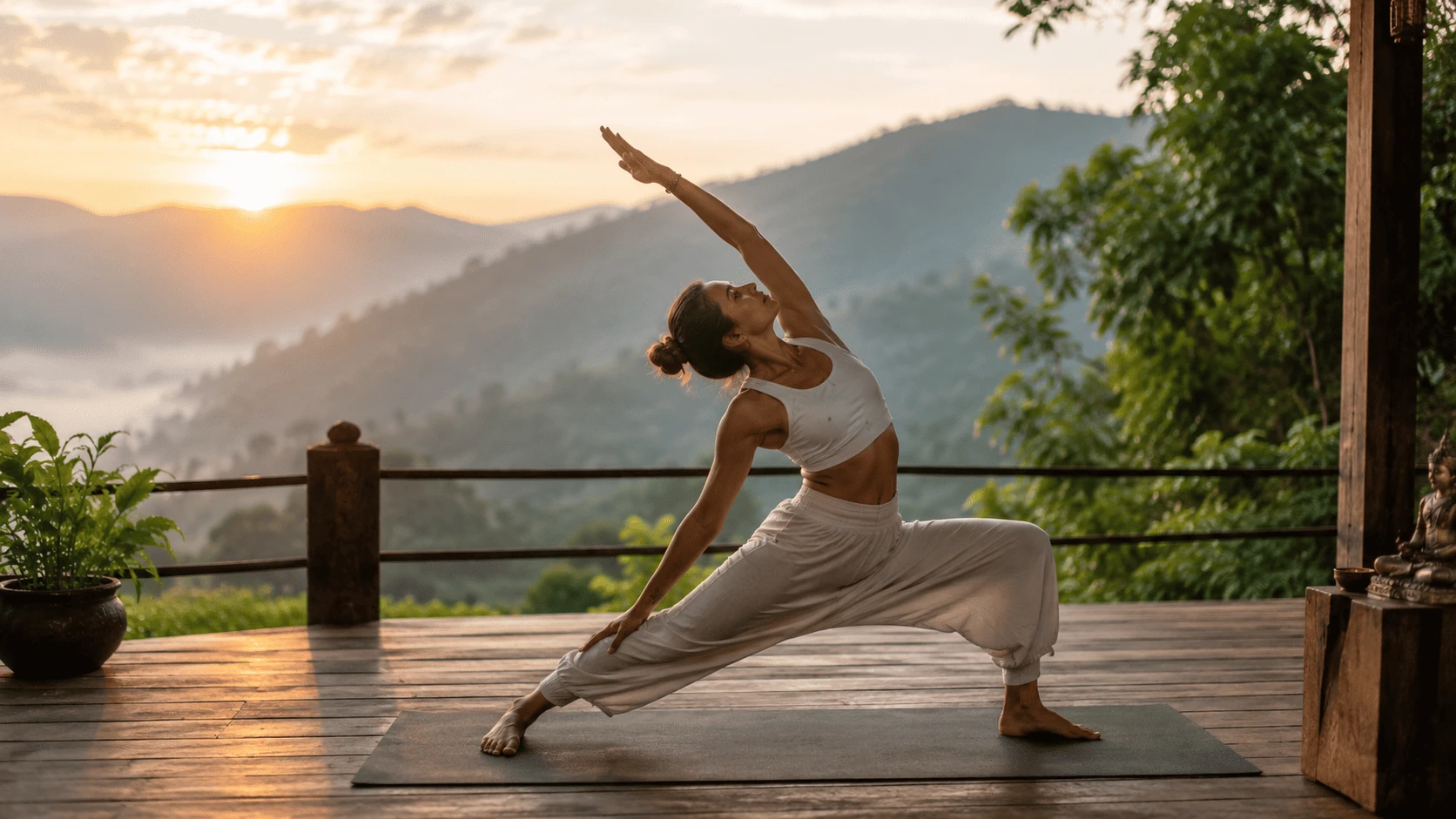 A teacher guiding a student through a supported backbend