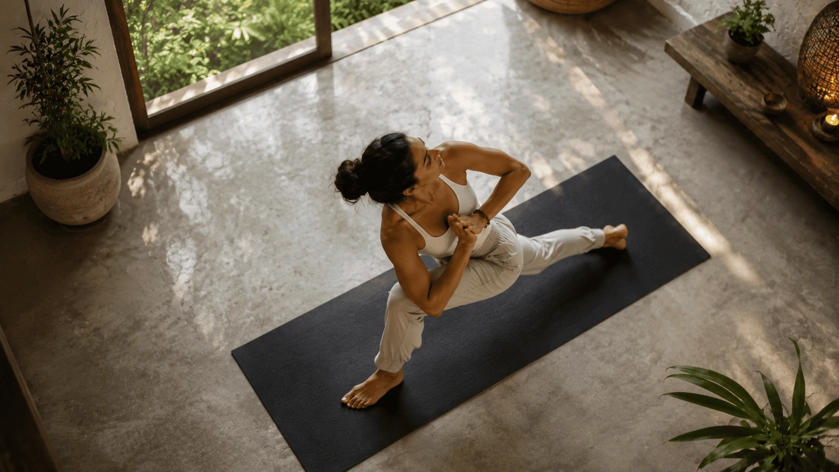 A practitioner in a reclined stretch on a studio mat